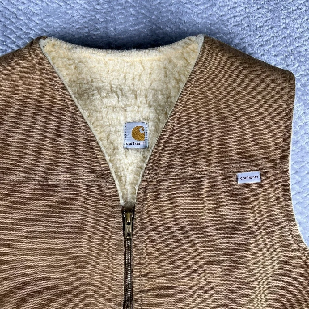 Carhartt Vest Mens M Brown Duck Sherpa Lined USA Made Workwear Zip Vintage 6SV